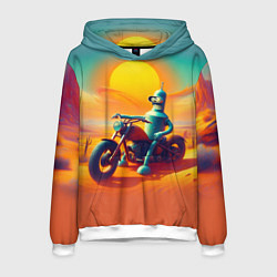 Толстовка-худи мужская Робот Бендер на мотоцикле в пустыне, цвет: 3D-белый