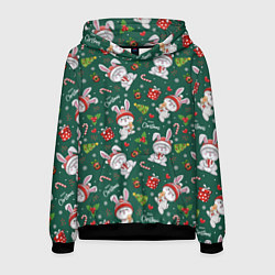 Толстовка-худи мужская Новогодние зайчики, цвет: 3D-черный
