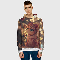 Толстовка-худи мужская Лошадка любуется новогодней елкой, цвет: 3D-белый — фото 2