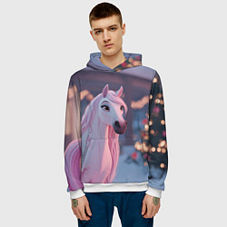 Толстовка-худи мужская Лошадка и новогодняя елка, цвет: 3D-белый — фото 2