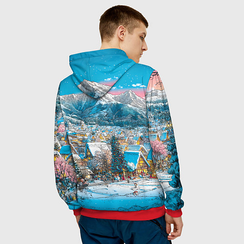 Мужская толстовка Новогодняя деревушка в горах / 3D-Красный – фото 4