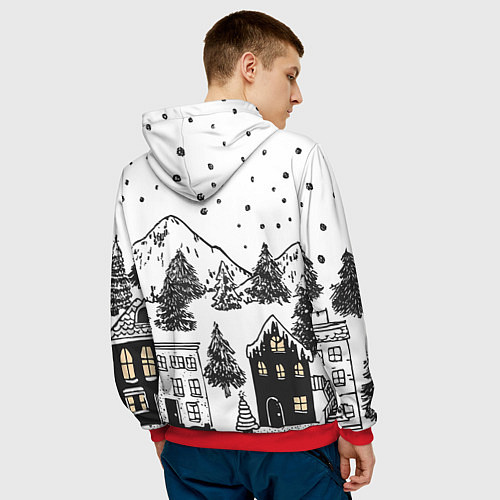 Мужская толстовка Заснеженный черно-белый город / 3D-Красный – фото 4