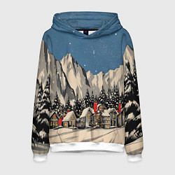 Толстовка-худи мужская Небольшой новогодний город в горах, цвет: 3D-белый