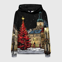 Толстовка-худи мужская Красная новогодняя елка, цвет: 3D-меланж