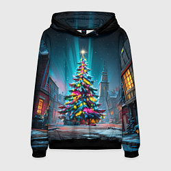 Толстовка-худи мужская Новогодняя елка в гирляндах, цвет: 3D-черный