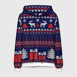 Толстовка-худи мужская Новогодний вязаный паттерн, цвет: 3D-белый