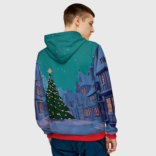 Мужская толстовка Зеленая новогодняя елка во вдоре / 3D-Красный – фото 4