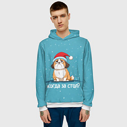 Толстовка-худи мужская Когда за стол - новогодняя собачка, цвет: 3D-белый — фото 2
