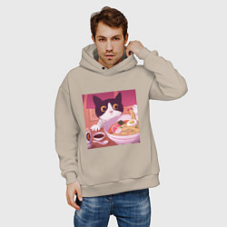 Толстовка оверсайз мужская Кот и лапша, цвет: миндальный — фото 2