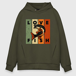 Толстовка оверсайз мужская Love fish Люблю рыбу, цвет: хаки
