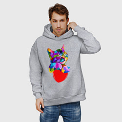Толстовка оверсайз мужская РАДУЖНЫЙ КОТИК RAINBOW KITTY, цвет: меланж — фото 2