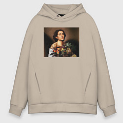 Толстовка оверсайз мужская Тимоти Шаламе картина корзина с фруктами Timothee, цвет: миндальный