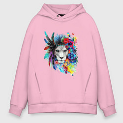 Толстовка оверсайз мужская Лев в цветах и перьях, цвет: светло-розовый