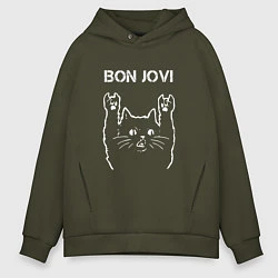 Толстовка оверсайз мужская Bon Jovi Рок кот, цвет: хаки
