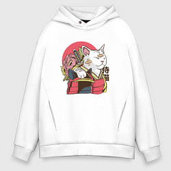 Толстовка оверсайз мужская Котик Самурай Samurai Cat Japanese art, цвет: белый