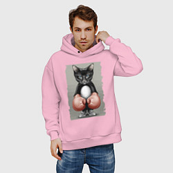 Толстовка оверсайз мужская Крутой котяра в боксёрских перчатках Cool cat in b, цвет: светло-розовый — фото 2