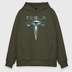 Толстовка оверсайз мужская Tesla Logo Тесла Логотип Карбон, цвет: хаки