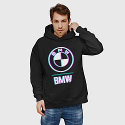 Толстовка оверсайз мужская Значок BMW в стиле glitch, цвет: черный — фото 2
