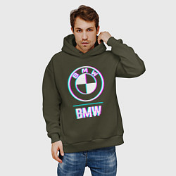 Толстовка оверсайз мужская Значок BMW в стиле glitch, цвет: хаки — фото 2