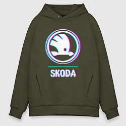 Толстовка оверсайз мужская Значок Skoda в стиле glitch, цвет: хаки