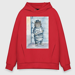 Толстовка оверсайз мужская Акварельный рисунок плохой кот, цвет: красный