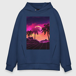 Толстовка оверсайз мужская Пальмы и пляж в розовом закате, цвет: тёмно-синий