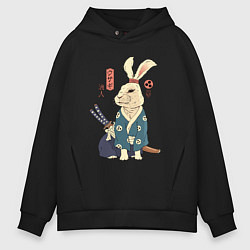 Толстовка оверсайз мужская Кролик самурай с мечом, цвет: черный