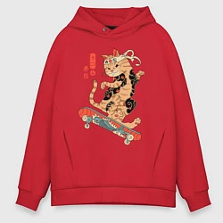 Толстовка оверсайз мужская Кот самурай скейтбордист, цвет: красный