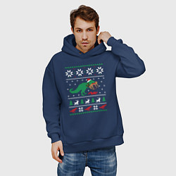 Толстовка оверсайз мужская Новогодний тирекс - ugly sweater, цвет: тёмно-синий — фото 2