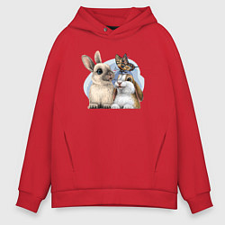 Толстовка оверсайз мужская Влюбленные кролики, цвет: красный