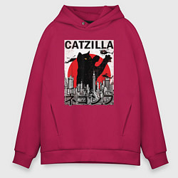 Толстовка оверсайз мужская Catzilla in Tokyo мем, цвет: маджента