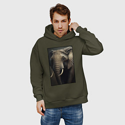 Толстовка оверсайз мужская Портрет слона, цвет: хаки — фото 2