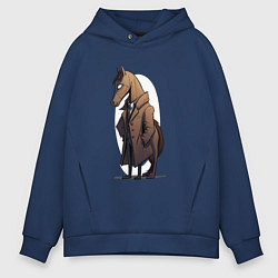 Толстовка оверсайз мужская Мультяшный конь в пальто, цвет: тёмно-синий
