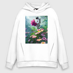 Толстовка оверсайз мужская Космонавт на цветочной планете, цвет: белый