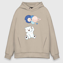 Толстовка оверсайз мужская Мишка летит на шариках, цвет: миндальный
