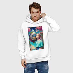 Толстовка оверсайз мужская Девочка и Тоторо - фантазия - нейросеть, цвет: белый — фото 2
