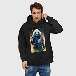 Толстовка оверсайз мужская Крутой панда - киберпанк, цвет: черный — фото 2