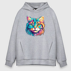 Толстовка оверсайз мужская Красивый кислотный кот улыбается, цвет: меланж