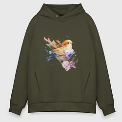 Толстовка оверсайз мужская Акварельная милая птица, цвет: хаки