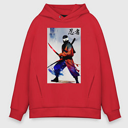 Толстовка оверсайз мужская Ninja - sketch - hieroglyphs - art, цвет: красный