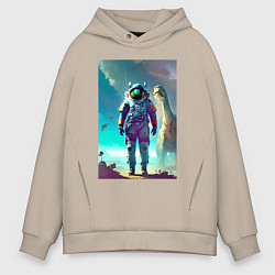 Толстовка оверсайз мужская Космонавт на планете динозавров - нейросеть, цвет: миндальный