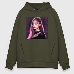 Толстовка оверсайз мужская Blackpink Jennie аниме рисунок, цвет: хаки