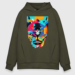 Толстовка оверсайз мужская Funny skull - pop art, цвет: хаки