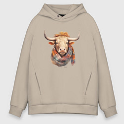 Толстовка оверсайз мужская Бык в шарфе осень, цвет: миндальный