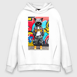 Толстовка оверсайз мужская Уличный котёнок хулиган на фоне граффити - нейросе, цвет: белый