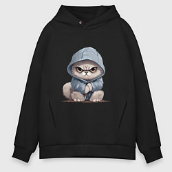 Толстовка оверсайз мужская Злой кот в капюшоне, цвет: черный