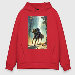 Толстовка оверсайз мужская Всадник на коте - киберпанк - нейросеть, цвет: красный