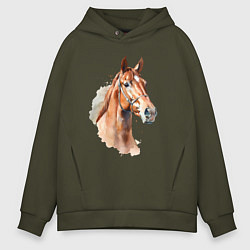 Толстовка оверсайз мужская Акварельная коричневая лошадь, цвет: хаки