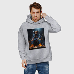 Толстовка оверсайз мужская Медведь во вселенной киберпанк, цвет: меланж — фото 2