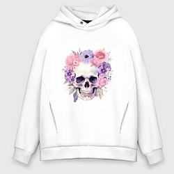 Толстовка оверсайз мужская Череп с цветами, цвет: белый